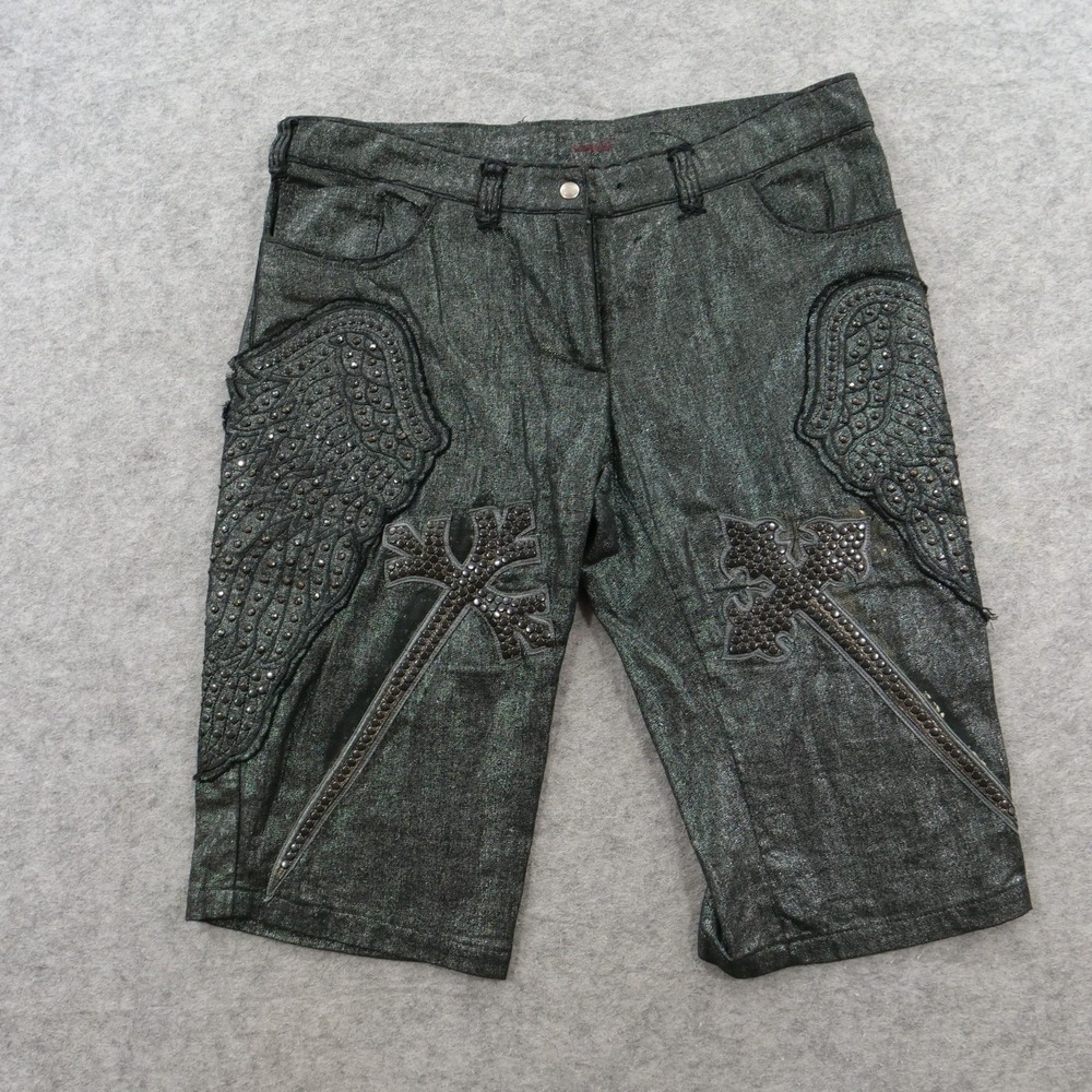 Kippys Denim Shorts Womens Medium Metallic Black Studded Angel Wings Cross Y2K
